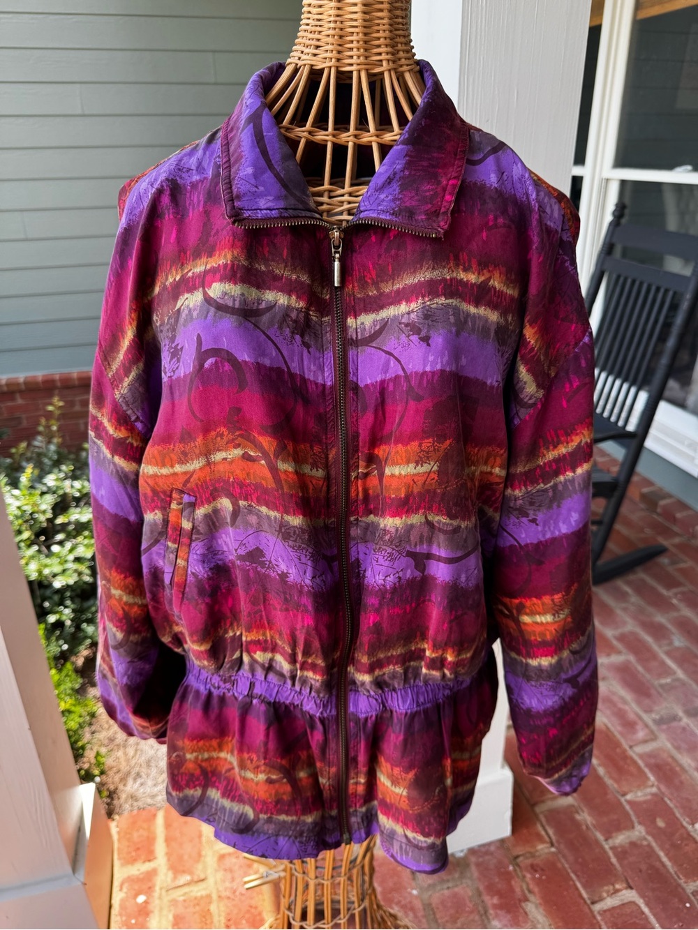 Vintage 90s East West Silks 100% Silk Abstract Bomber Jacket M